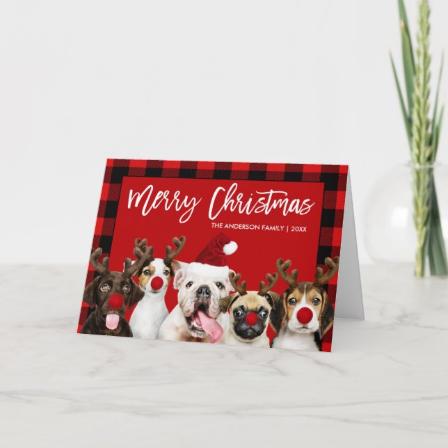 Cartes Pour Fêtes Annuelles Brosse Script Chiens de Noël Rouge Plié (Devant)