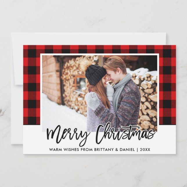 Cartes Pour Fêtes Annuelles Brosse Script Couple Rouge Plaid Photo Noël (Devant)