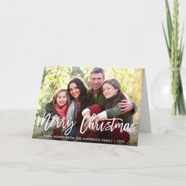 Cartes Pour Fêtes Annuelles Brosse Script Joyeux Noël Famille Photo Plier (Devant)
