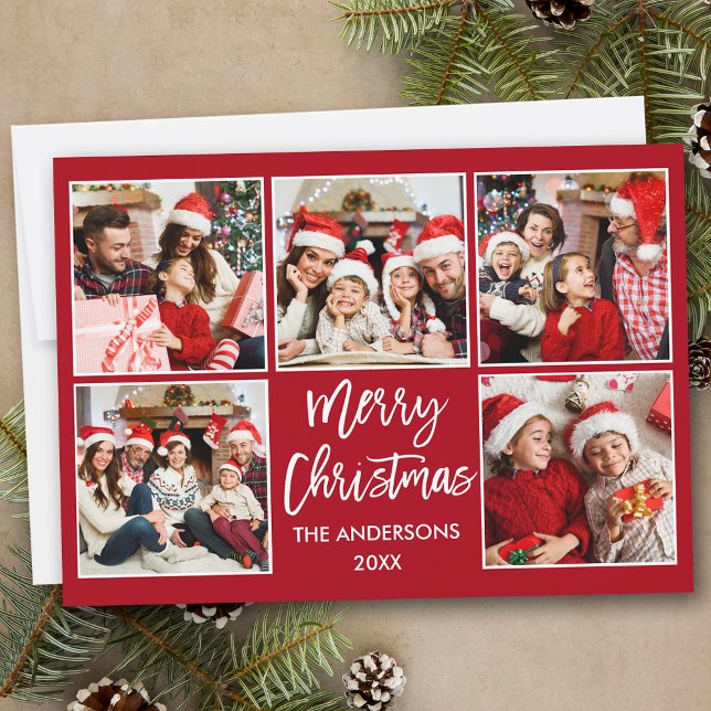 Cartes Pour Fêtes Annuelles Brosse Script Noël 5 Photo Rouge (Customize to add text to back of card or to change background color of card.)