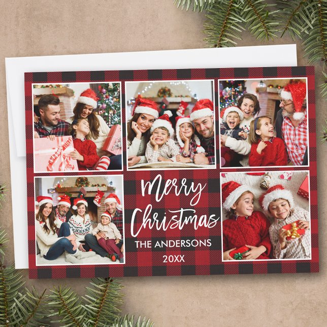 Cartes Pour Fêtes Annuelles Brosse Script Noël 5 Photo Rouge Plaid (Customize to add text to back of card.)