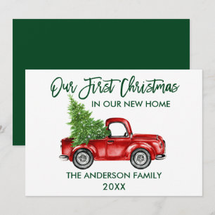 Cartes Pour Fêtes Annuelles Brosse Script Premier Noël Nouveau Accueil Camion 