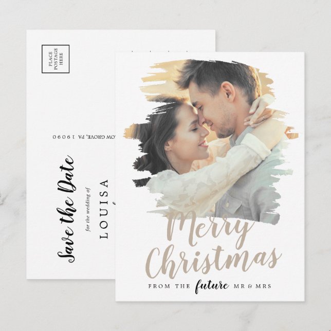 Cartes Pour Fêtes Annuelles Brossé Tan Joyeux Noël Save the Date Photo (Devant / Derrière)
