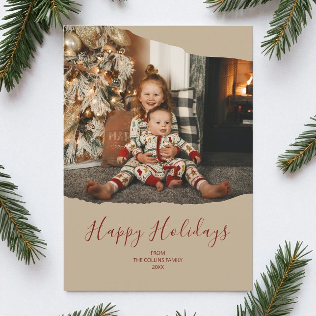 Cartes Pour Fêtes Annuelles Brown Minimaliste 2 Photo Joyeux Fêtes de Noël (Brown Minimalist 2 Photo Happy Holidays Christmas Holiday Card)