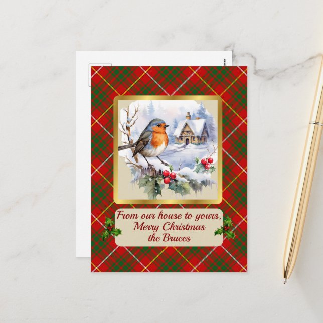 Cartes Pour Fêtes Annuelles Bruce Tartan avec Robin Personnalisé (Devant/Arrière en situation)
