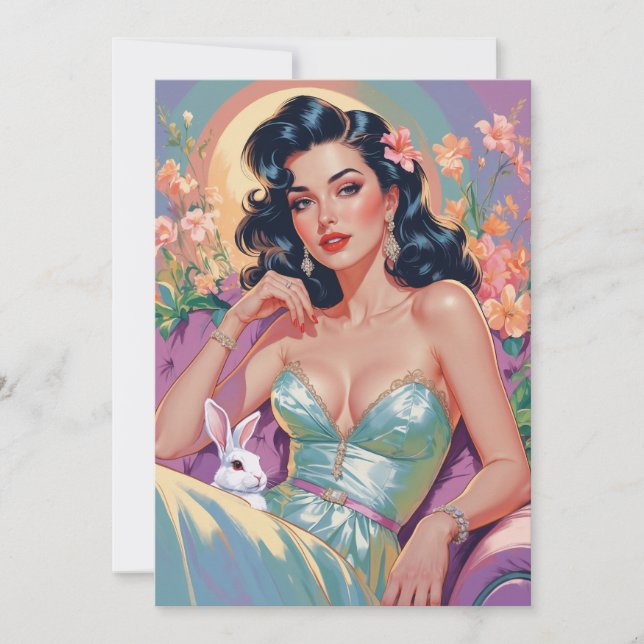Cartes Pour Fêtes Annuelles Brunette Pin-Up avec lapin de Pâques (Devant)