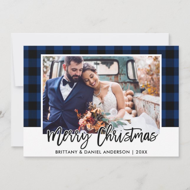 Cartes Pour Fêtes Annuelles Brush Script bleu Plaid Mariage photo Noël (Devant)