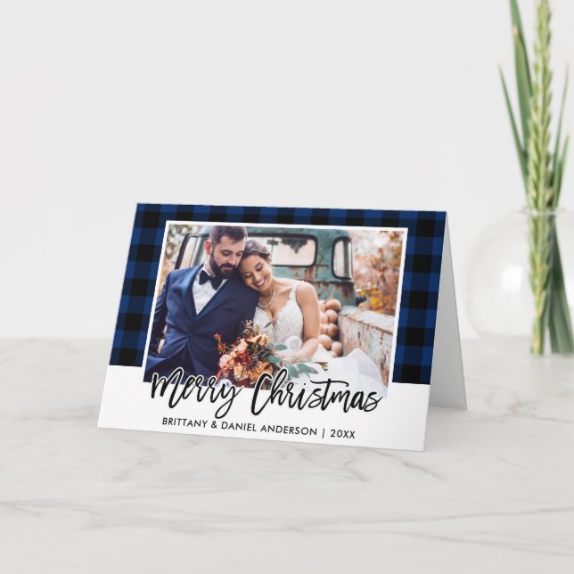 Cartes Pour Fêtes Annuelles Brush Script bleu Plaid Mariage photo Noël (Devant)