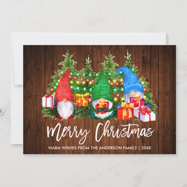 Cartes Pour Fêtes Annuelles Brush Script Bois Lumières Noël Gnomes (Devant)