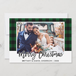 Cartes Pour Fêtes Annuelles Brush Script Green Plaid Mariage Photo Noël