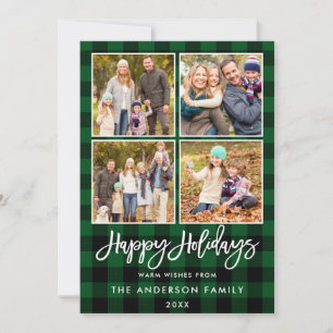 Cartes Pour Fêtes Annuelles Brush Script Joyeux Vacances Vert Plaid 4 Photo