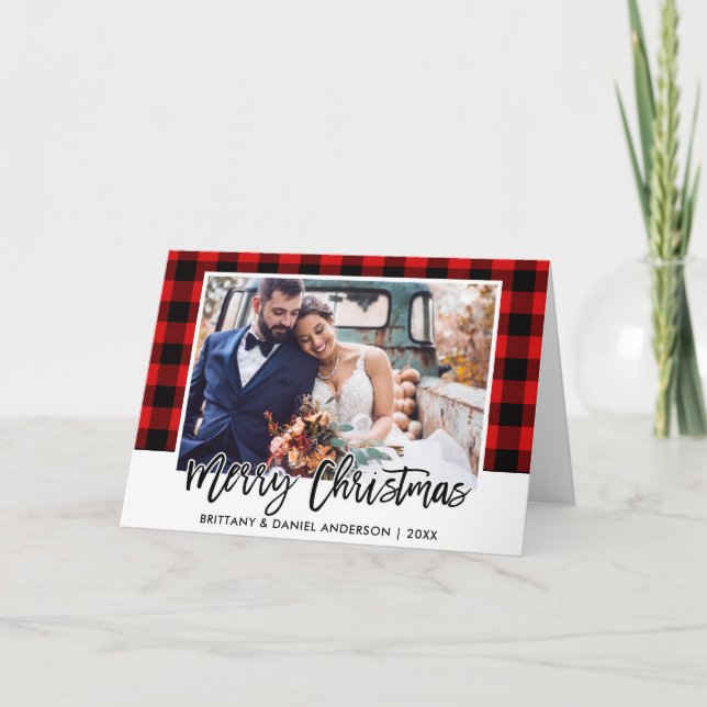 Cartes Pour Fêtes Annuelles Brush Script Red Plaid Mariage Photo Noël (Devant)