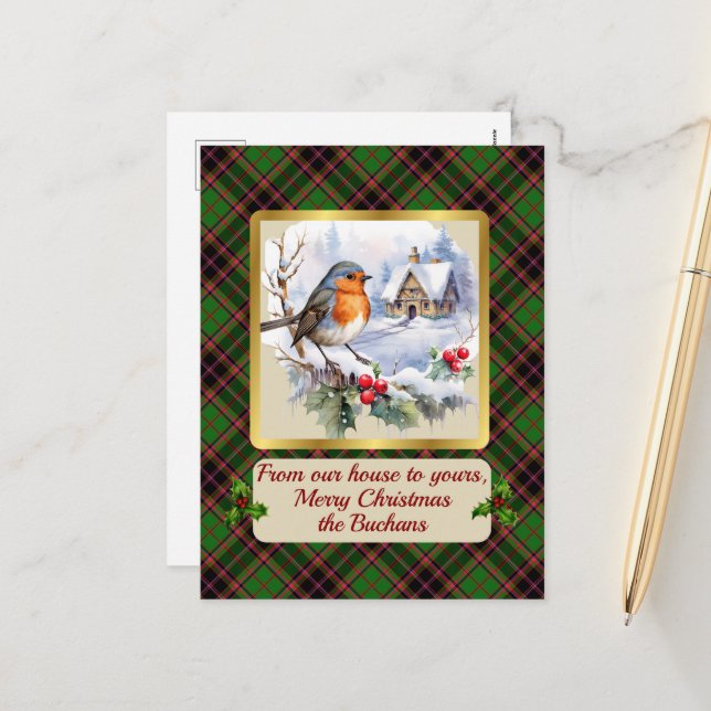 Cartes Pour Fêtes Annuelles Buchan Tartan avec Robin Personnalisé (Devant/Arrière en situation)