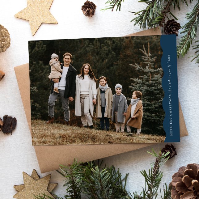 Cartes Pour Fêtes Annuelles Budget bleu moderne Vague deux photos Noël (Créateur téléchargé)