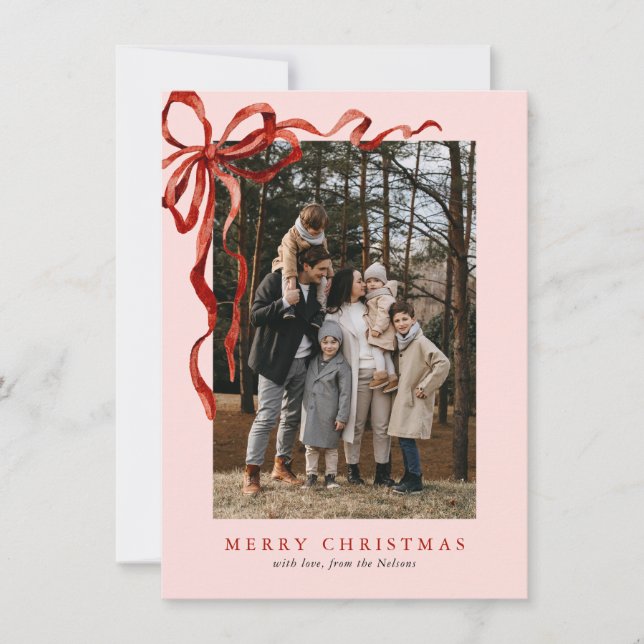 Cartes Pour Fêtes Annuelles Budget rose Elégant Bow rouge Noël Deux photos (Devant)