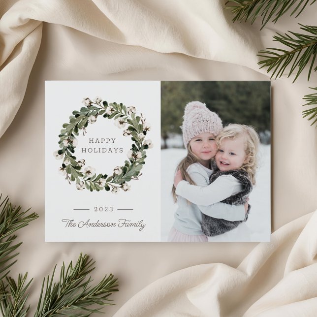 Cartes Pour Fêtes Annuelles Buffalo Check Christmas Cotton Wreath Family Photo (Créateur téléchargé)