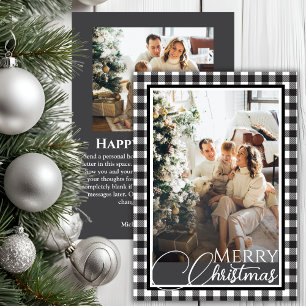 Cartes Pour Fêtes Annuelles Buffalo Plaid Black & White Deux photos Noël