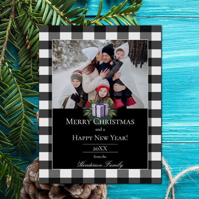 Cartes Pour Fêtes Annuelles Buffalo Plaid Christmas Cadeau Photo | Violet (Purple Buffalo Plaid Christmas Gift Holiday Photo Card)