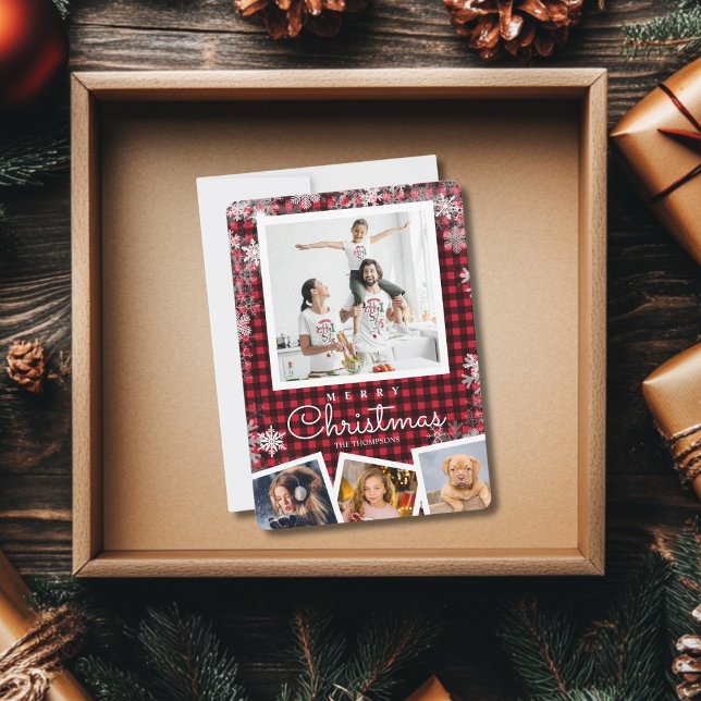Cartes Pour Fêtes Annuelles Buffalo Plaid Photo Collage Flocon de neige Noël (Créateur téléchargé)
