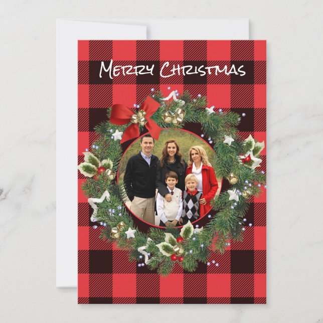 Cartes Pour Fêtes Annuelles Buffalo Plaid Photo personnalisée Couronne de Noël (Devant)