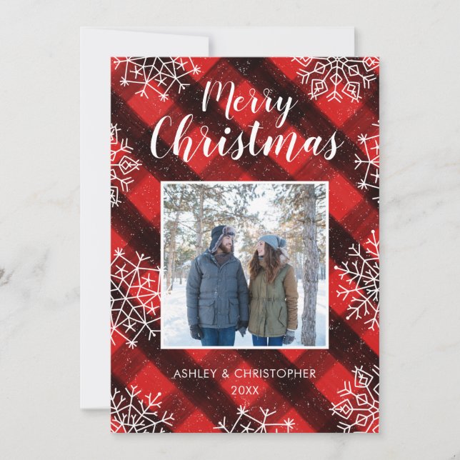 Cartes Pour Fêtes Annuelles Buffalo Plaid Rouge Rustique Tartan Photo de Noël (Devant)