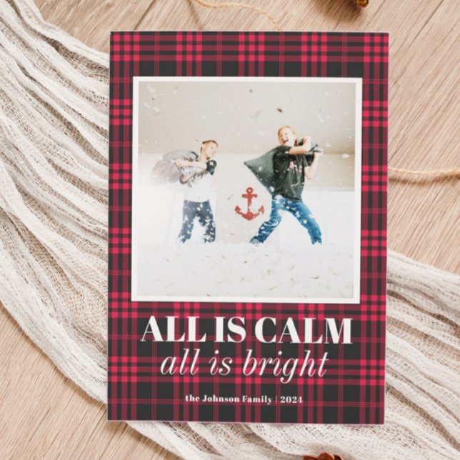 Cartes Pour Fêtes Annuelles Buffalo Plaid "Tout est calme" Drôle Photo Noël (Créateur téléchargé)