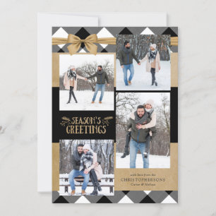 Cartes Pour Fêtes Annuelles Buffle noir et blanc Vérifier Brown Kraft Bow