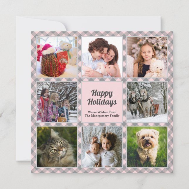 Cartes Pour Fêtes Annuelles Buffle rose Gris Plaid Photo Collage Noël (Devant)