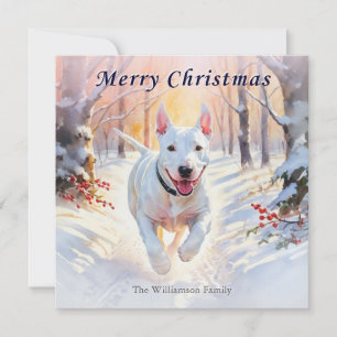 Cartes Pour Fêtes Annuelles Bull Terrier dans la neige d'hiver Joyeux Noël