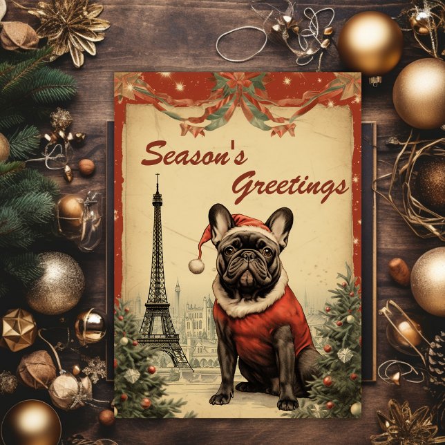 Cartes Pour Fêtes Annuelles Bulldog français vintage Noël tour Eiffel (Créateur téléchargé)