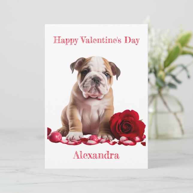 Cartes Pour Fêtes Annuelles Bulldog personnalisé avec Rose avec coeur Valentin (Debout devant)
