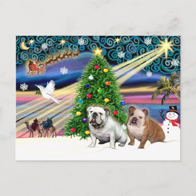 Cartes Pour Fêtes Annuelles Bulldogs anglais magique de Noël (deux) (Devant)