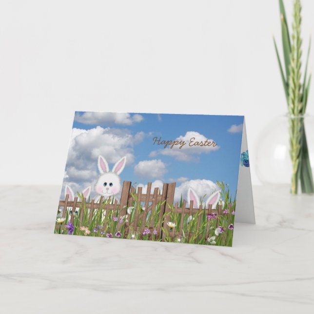Cartes Pour Fêtes Annuelles Bunnies de Pâques avec clôture de jardin (Devant)