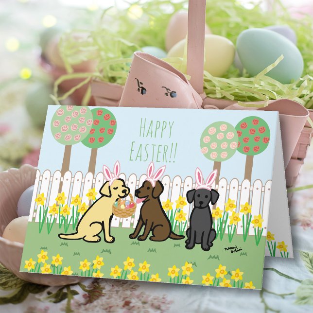Cartes Pour Fêtes Annuelles Bunnies de Pâques Labrador Garden (Yellow Lab and Chocolate Lab and Black Lab Easter Bunnies Greeting Cards.  Cute Labrador Cartoon.)