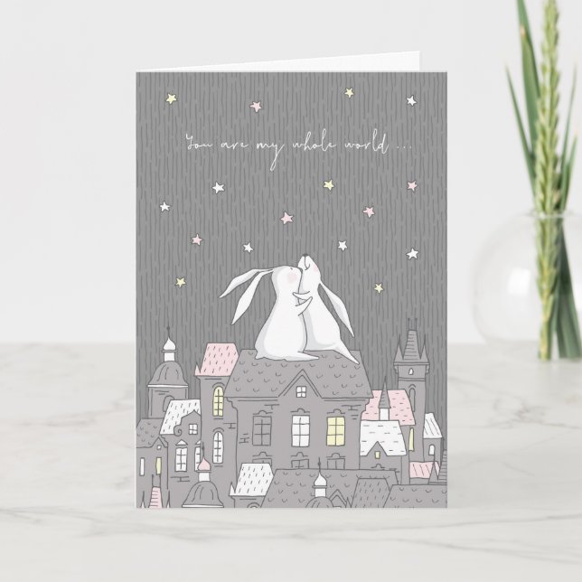 Cartes Pour Fêtes Annuelles Bunnies Whimsical sur le toit Partenaire Aimer (Devant)