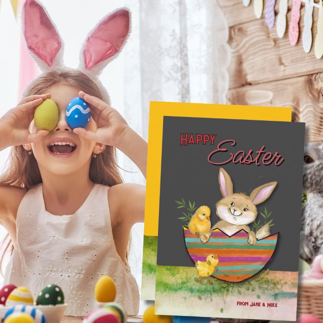 Cartes Pour Fêtes Annuelles Bunny de Pâques avec poussins gris jaune (Easter Bunny with chicks Grey Yellow Holiday Card)