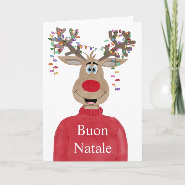 Cartes Pour Fêtes Annuelles Buon Natale, Italien Lumières de Noël Reindeer (Devant)