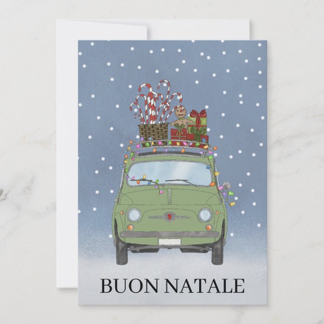 Cartes Pour Fêtes Annuelles Buon Natale Italien Noël Green Fiat 500 (Devant)