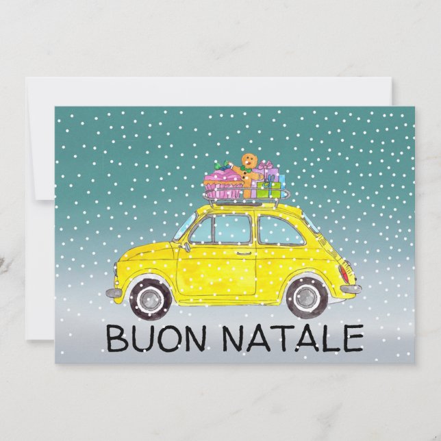 Cartes Pour Fêtes Annuelles Buon Natale Italien Noël jaune Fiat 500 (Devant)