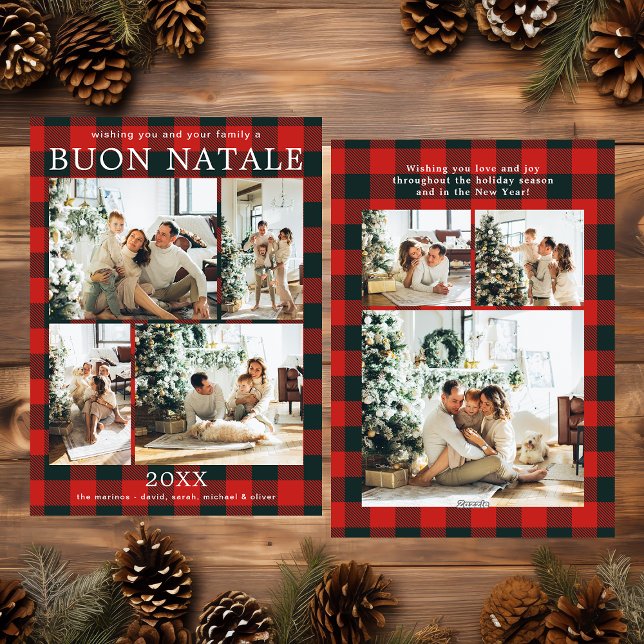 Cartes Pour Fêtes Annuelles Buon Natale Multi Photo Red Buffalo Plaid (Créateur téléchargé)