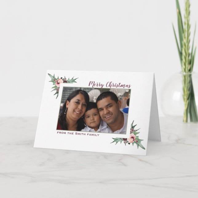 Cartes Pour Fêtes Annuelles Burgundy Berry & Holly Photo de Noël (Devant)