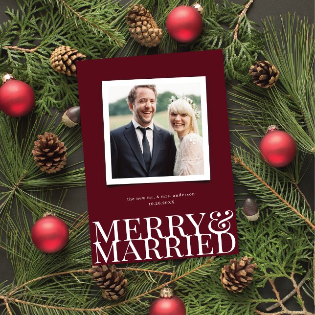 Cartes Pour Fêtes Annuelles Burgundy Merry & Marié photo de Noël (Créateur téléchargé)