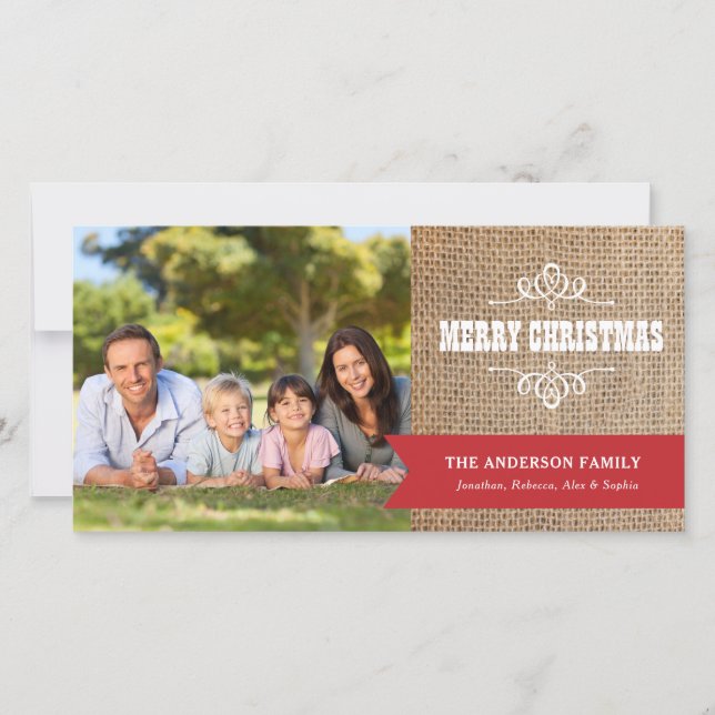 Cartes Pour Fêtes Annuelles Burlap rustique avec Bannière Rouge Photo Noël (Devant)