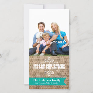 Cartes Pour Fêtes Annuelles Burlap rustique avec bannière Turquoise Photo Noël