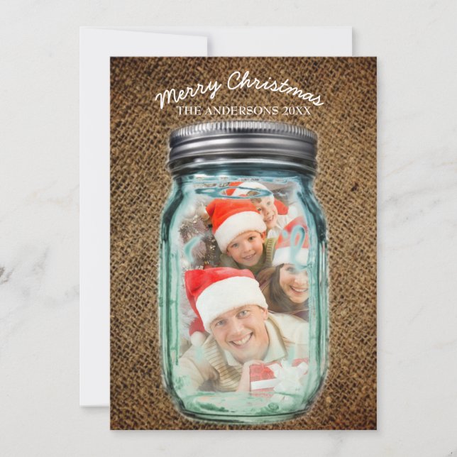 Cartes Pour Fêtes Annuelles Burlap Western Country Mason Jar Photo de Noël (Devant)
