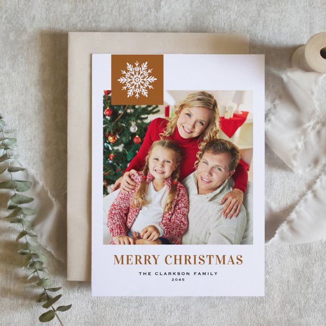 Cartes Pour Fêtes Annuelles Burnt Orange Whimsical Snowflake Photo Christmas (Burnt orange photo Christmas card featuring a whimsical white snowflakes.)