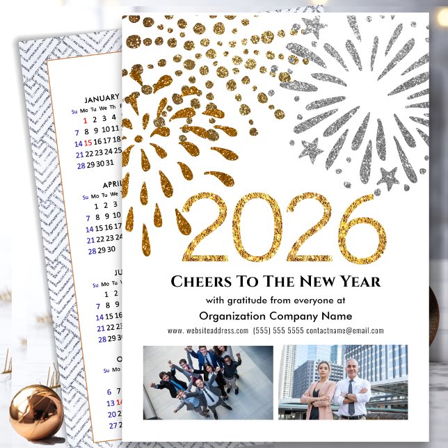 Cartes Pour Fêtes Annuelles Business 2026 Calendrier Festive Fireworks Gold (Créateur téléchargé)