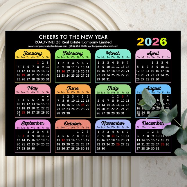 Cartes Pour Fêtes Annuelles Business 2026 Calendrier Moderne Noir Couleur Simp (Créateur téléchargé)