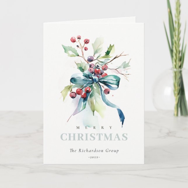 Cartes Pour Fêtes Annuelles Business Blue Green Winter Berries Logo de l'entre (Devant)