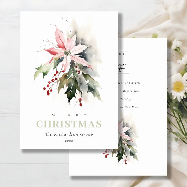 Cartes Pour Fêtes Annuelles Business Christmas Berry Poinsettia Logo d'entrepr (Créateur téléchargé)